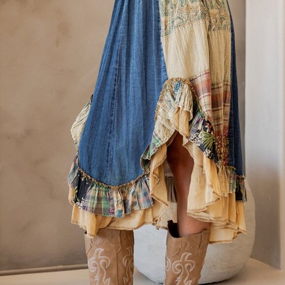 #201 Boho Denim Pattern Ruffle Midi Skirt - Picture 4 of 7